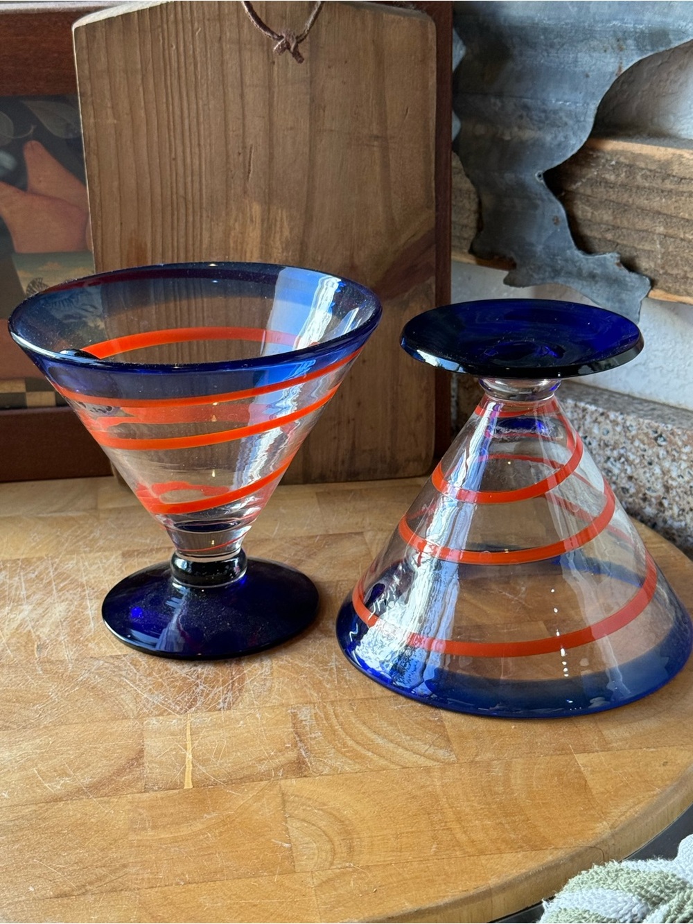Handblown Vintage Kosta Boda Martini Glasses | Cobalt and Orange Spiral Glasses